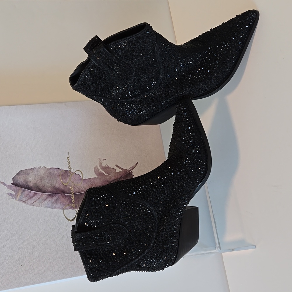 JESSICA SIMPSON BLACK GLITTER TAMIRA BOOTS NWOT 7M - Picture 2 of 7